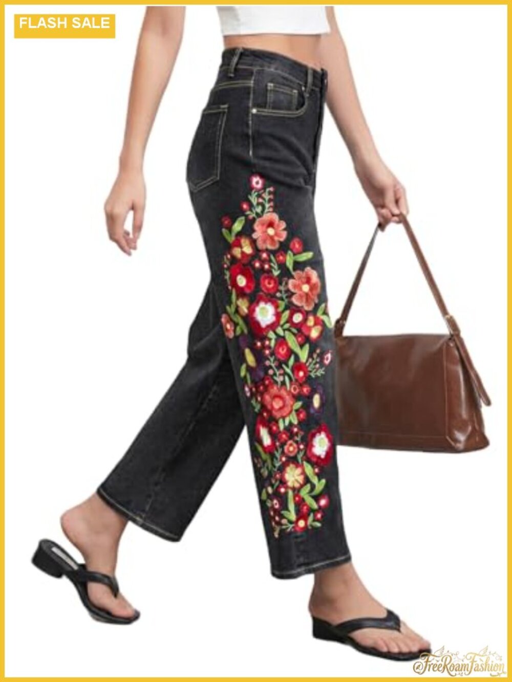 Straight Leg Cropped Jeans Women Floral Boho Mid Rise Ankle Denim
